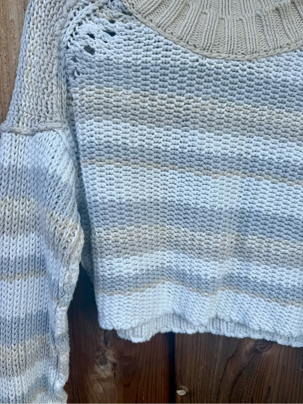 Free People Striped Cropped Crewneck Sweater - Cream & Light Gray